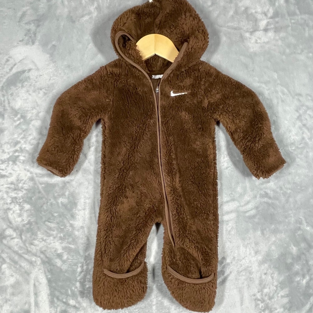 Nike Baby Brown High Pile Fleece Hooded Pram Suit Bunting 6M L638-X20